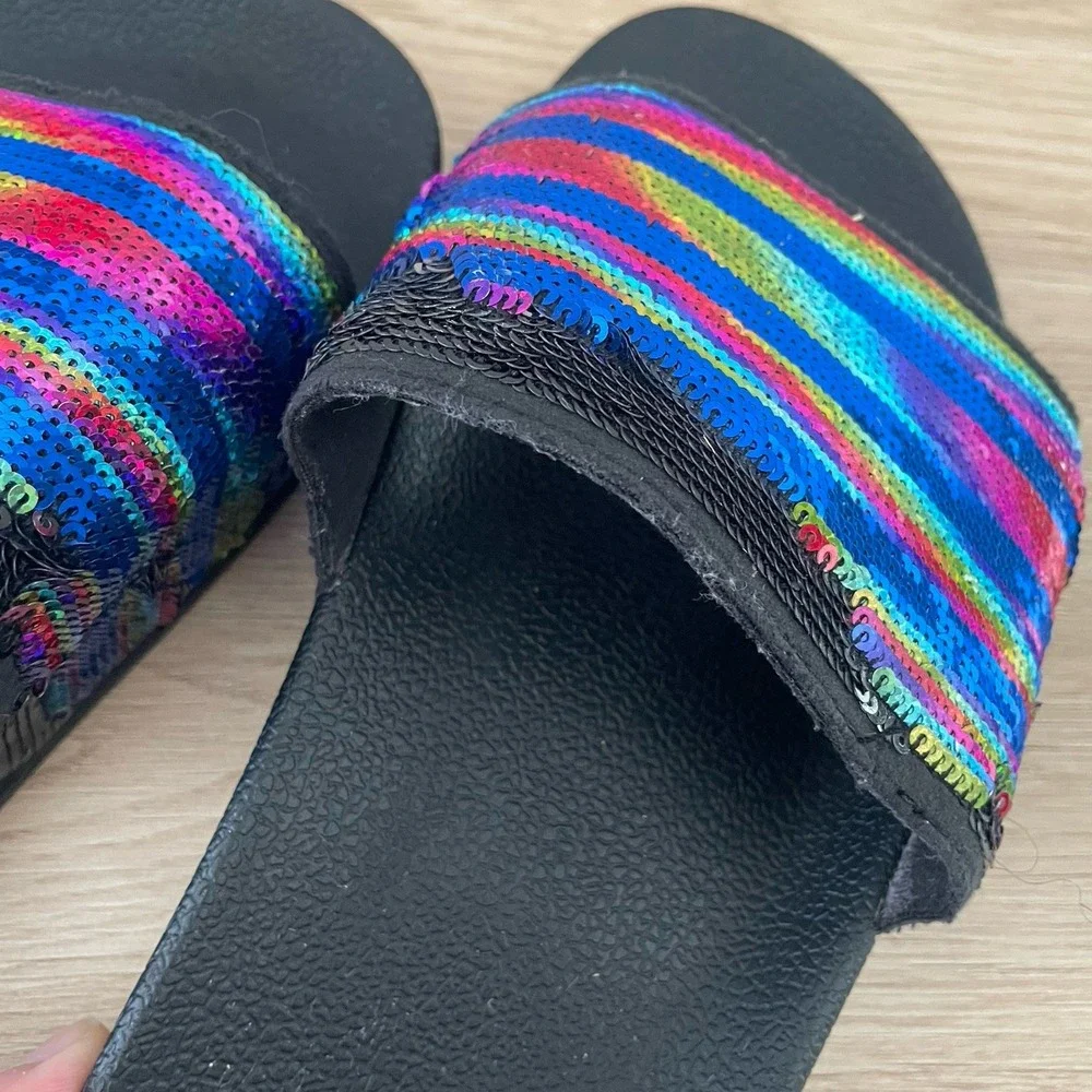 Adidas Adilette Rainbow Sequin Slides Black Multi Color Stripe Kids Size 3